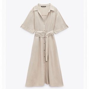 Zara Linen Blend Belted Shirt Dress